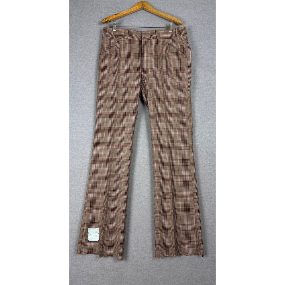 Vintage 70s Bankers Hall CFX Plaid Flared Pants Mens 34x35 Brown Deadstock NWT